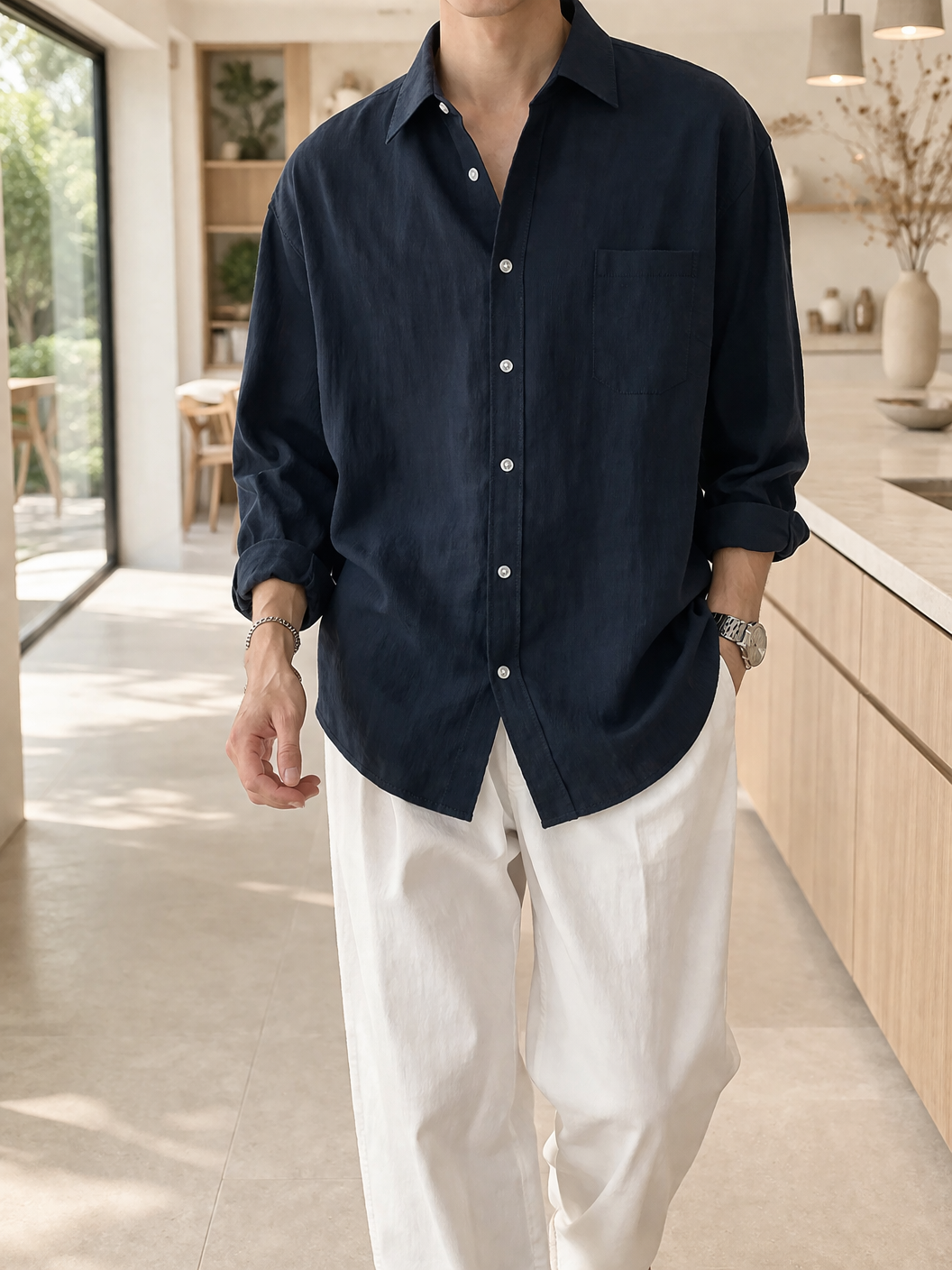 Men's Long-Sleeve Linen Blend Shirt with Buttons Casual