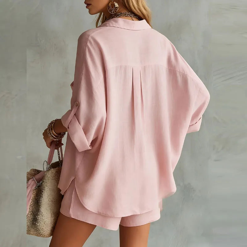 Da Donna Set Resort Camicia Drappeggiata e Shorts Comodi