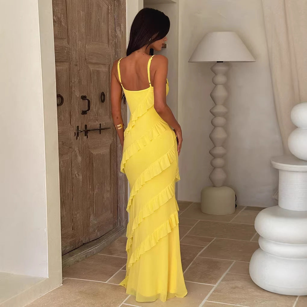 Da Donna Abito Maxi con Volant Vestibilità con Spalline e Scollo a V