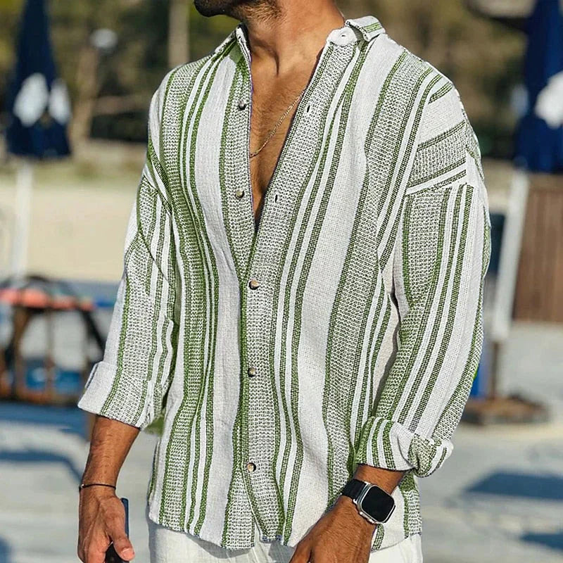 Da Uomo Camicia Leggera con Colletto Aperto e Texture Rigata