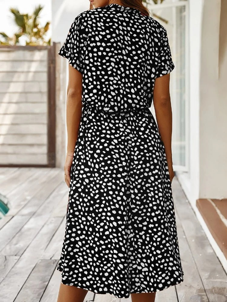 Women's Modern Casual Printed Midi Dress with Adjustable Belt