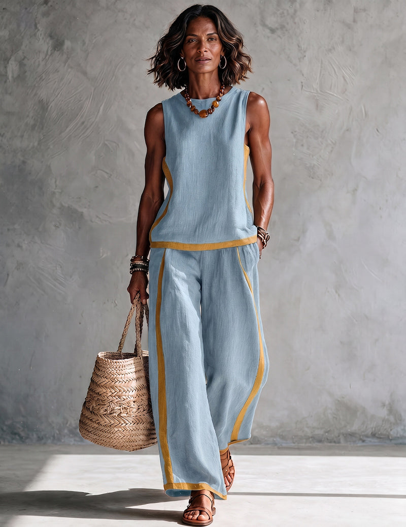 Da Donna Set Outfit Senza Maniche con Bordo a Contrasto e Pantaloni a Gamba Larga