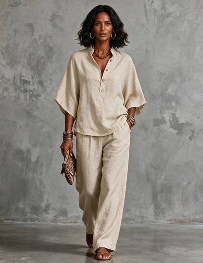 Da Donna Set in Lino con Top a Maniche a Pipistrello e Pantaloni