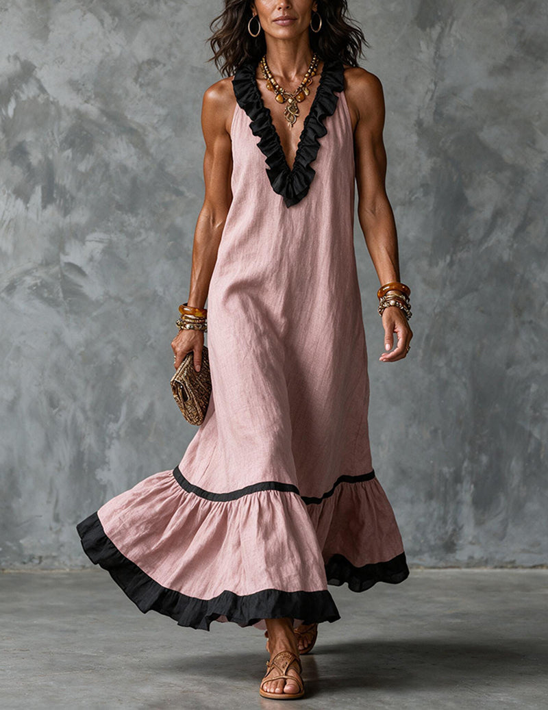 Da Donna Abito Maxi Senza Maniche con Scollatura con Bordo a Volant