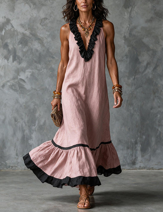Da Donna Abito Maxi Senza Maniche con Scollatura con Bordo a Volant