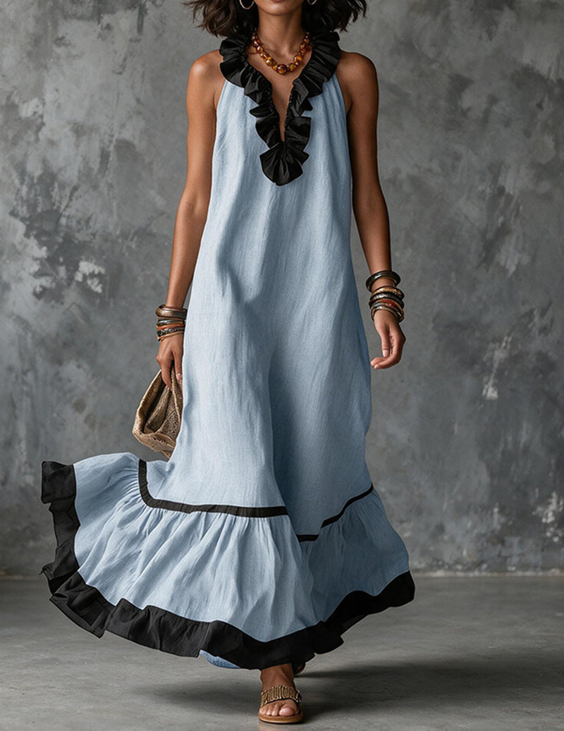 Da Donna Abito Maxi Senza Maniche con Scollatura con Bordo a Volant
