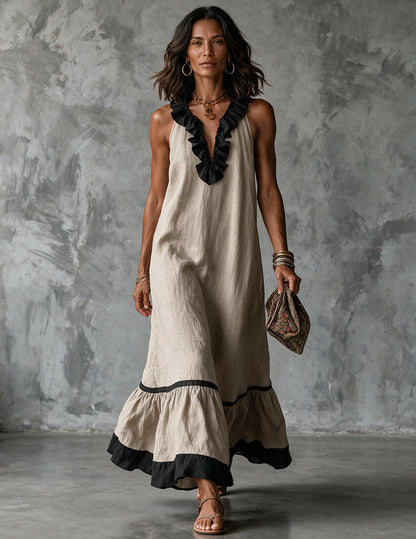Da Donna Abito Maxi Senza Maniche con Scollatura con Bordo a Volant