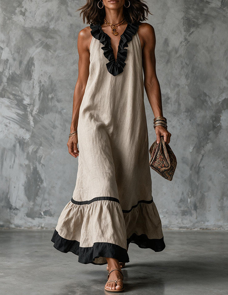 Da Donna Abito Maxi Senza Maniche con Scollatura con Bordo a Volant