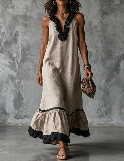 Da Donna Abito Maxi Senza Maniche con Scollatura con Bordo a Volant