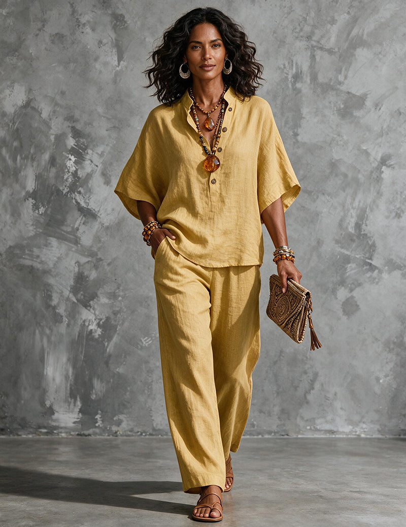 Da Donna Set in Lino con Top a Maniche a Pipistrello e Pantaloni