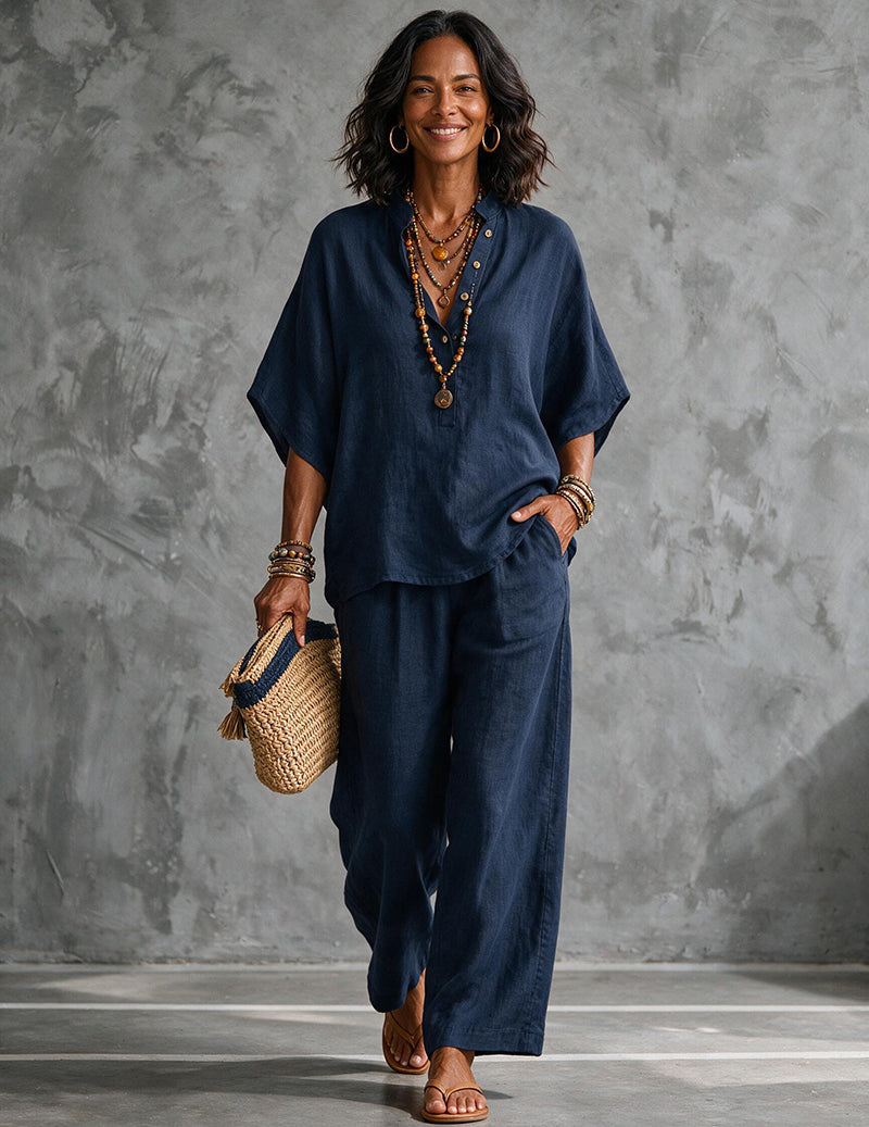 Da Donna Set in Lino con Top a Maniche a Pipistrello e Pantaloni