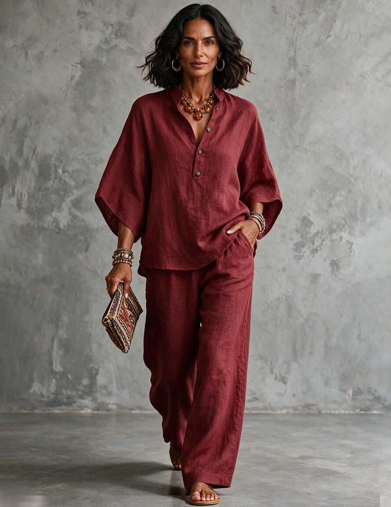 Da Donna Set in Lino con Top a Maniche a Pipistrello e Pantaloni