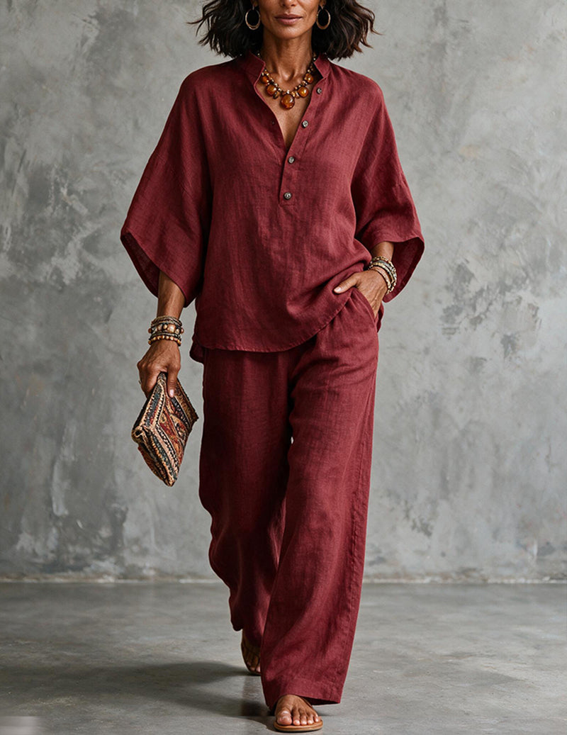 Da Donna Set in Lino con Top a Maniche a Pipistrello e Pantaloni