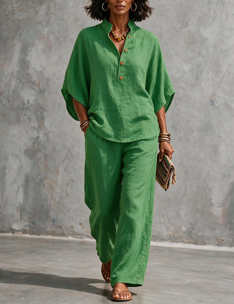 Da Donna Set in Lino con Top a Maniche a Pipistrello e Pantaloni