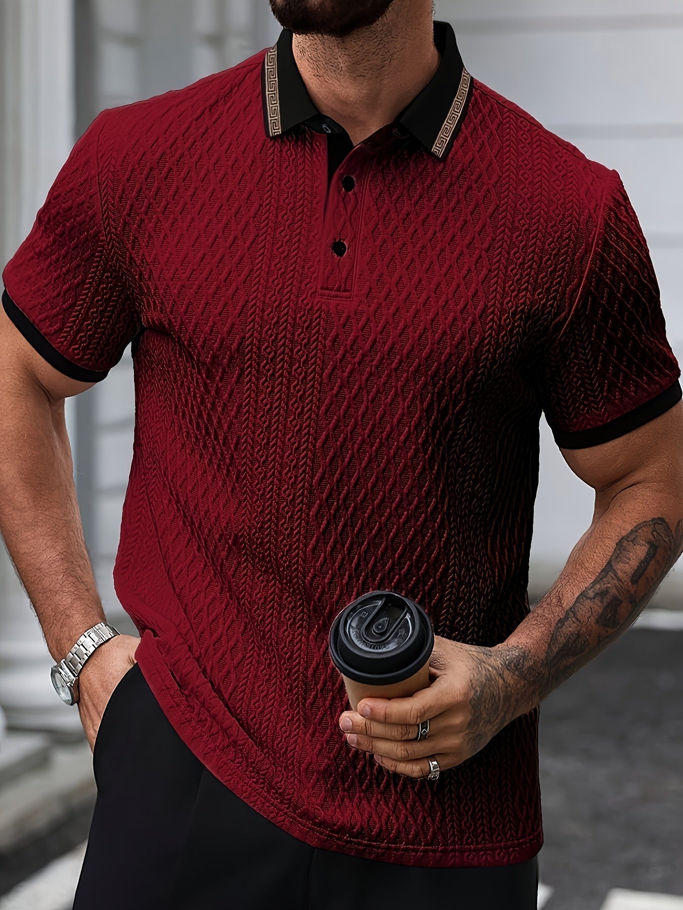 Men's Textured Slim Fit Short Sleeve Polo Smart Casual Summer Elegance