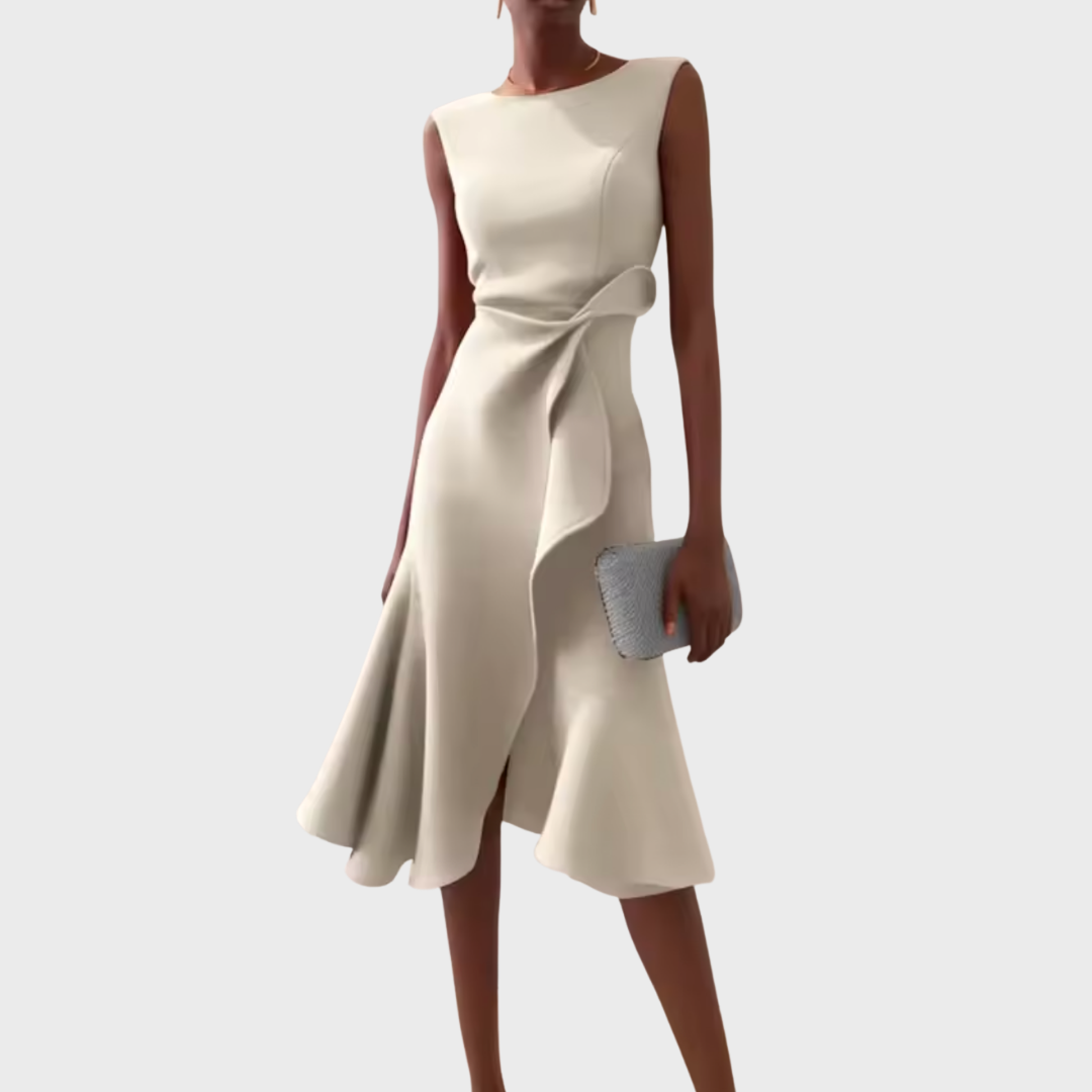 Women's Midi Dress with Asymmetric Draping Modern Elegance