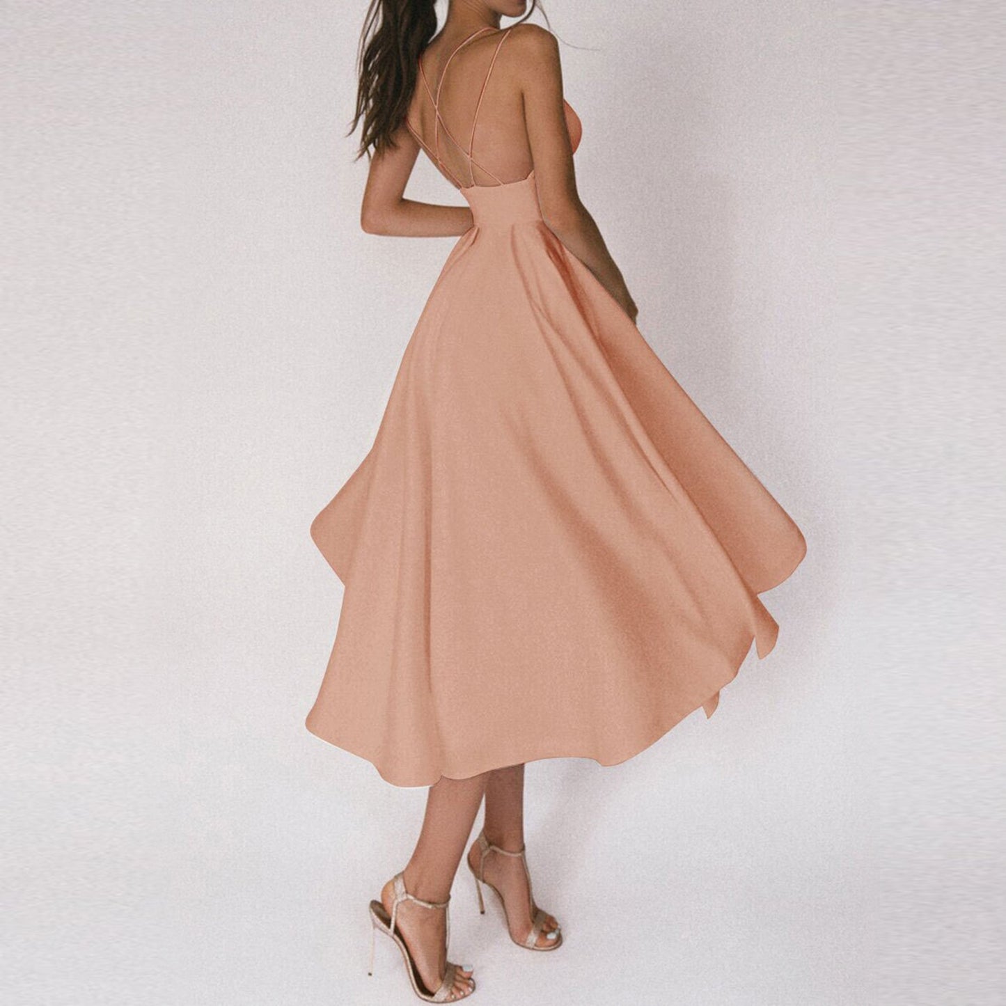 Women's Modern Elegant Midi Flared Dress with Thin Straps