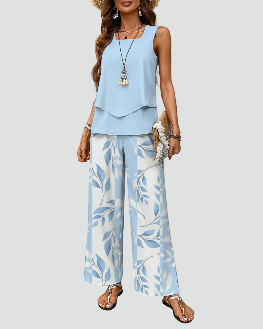 Da Donna Completo Stampato Smanicato con Pantaloni Ampi