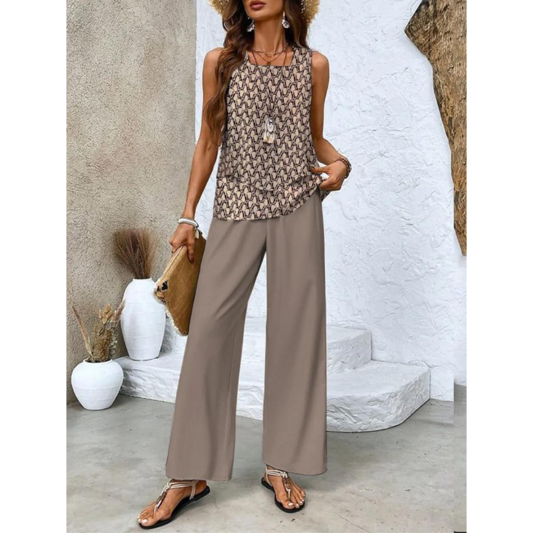 Da Donna Completo Stampato Smanicato con Pantaloni Ampi