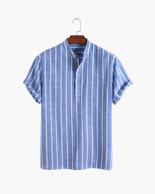 Da Uomo Camicia Estiva a Righe con Colletto Coreano e Maniche Corte