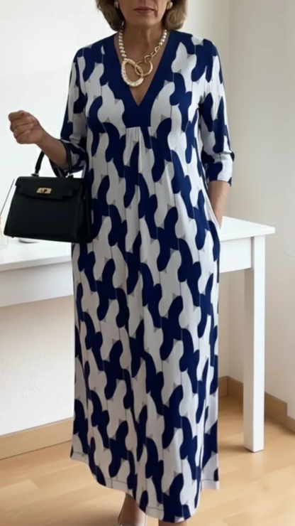 Da Donna Abito Maxi Stampato Scollo a V Maniche a Tre Quarti