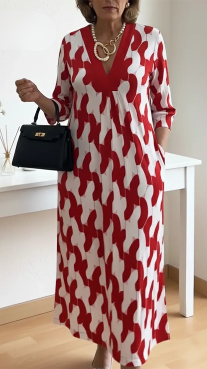 Da Donna Abito Maxi Stampato Scollo a V Maniche a Tre Quarti