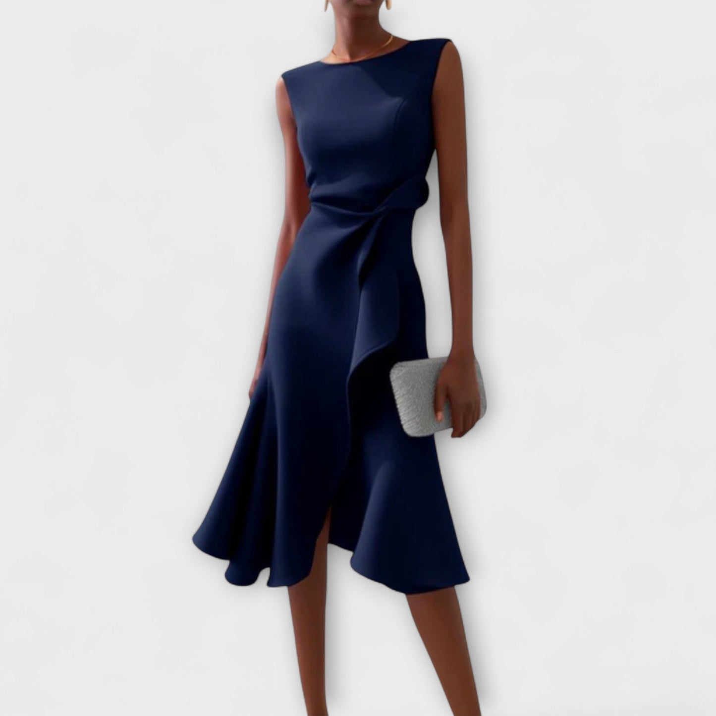 Women's Midi Dress with Asymmetric Draping Modern Elegance