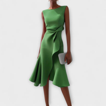 Women's Midi Dress with Asymmetric Draping Modern Elegance