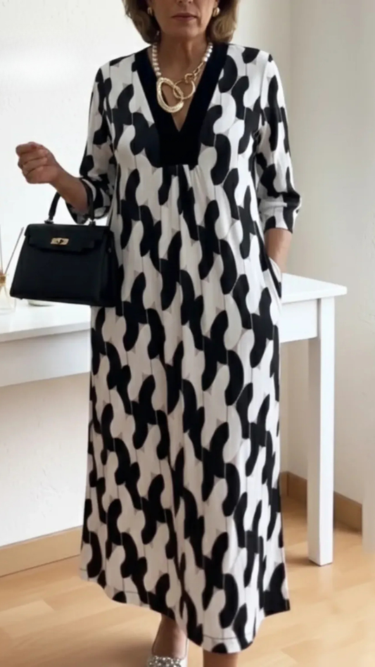 Da Donna Abito Maxi Stampato Scollo a V Maniche a Tre Quarti