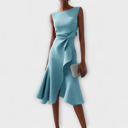 Women's Midi Dress with Asymmetric Draping Modern Elegance