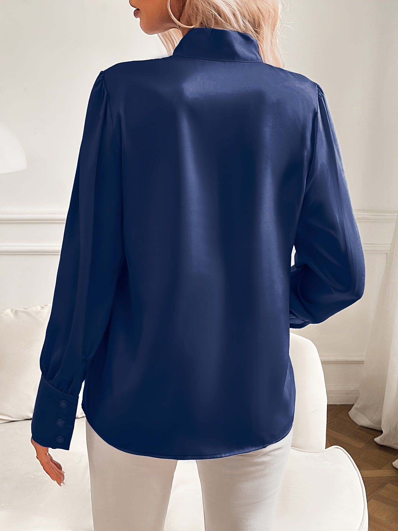Da Donna Blusa in Raso Fiocco al Collo Maniche Statement