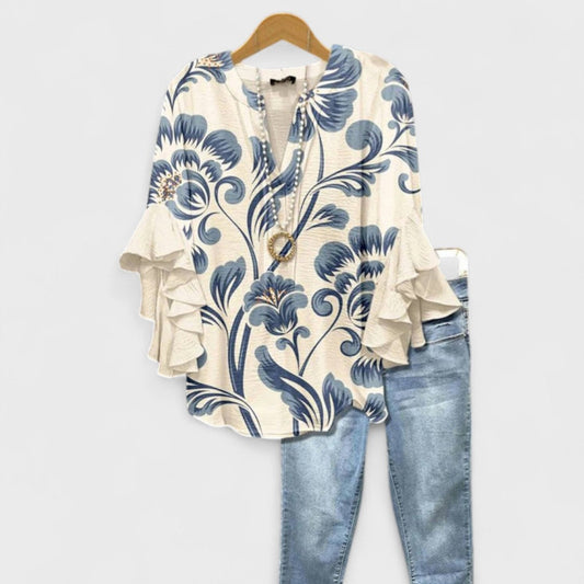 Da Donna Blusa Motivo Stampato Maniche Balze Relax Moderna