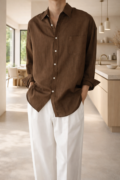 Men's Long-Sleeve Linen Blend Shirt with Buttons Casual