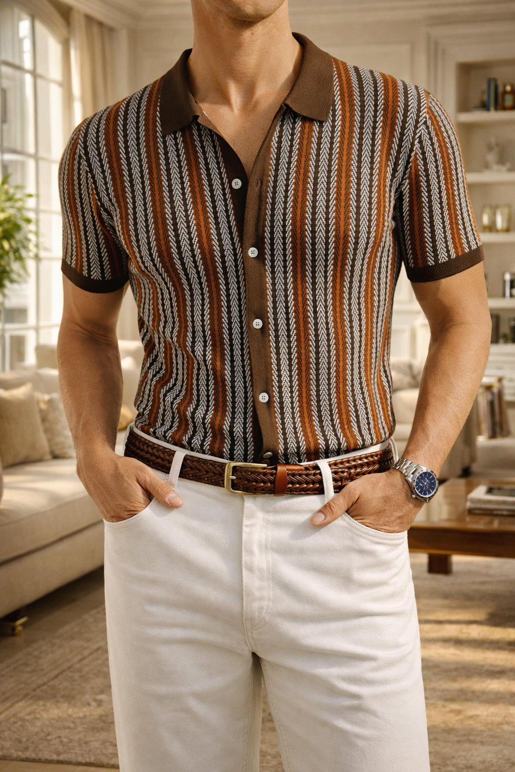 Da Uomo Polo in Maglia Fantasia con Bottoni e Maniche Corte Elegante