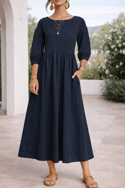 Da Donna Abito Maxi Stile Smock con Tasche e Maniche 3/4