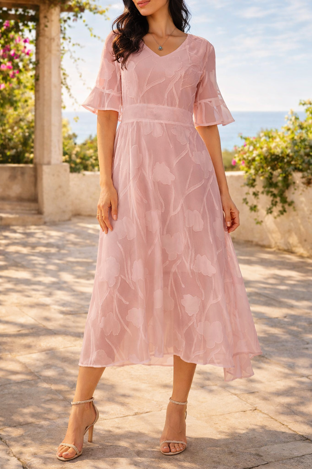 Women's Sheer Midi Dress with Soft Sleeves