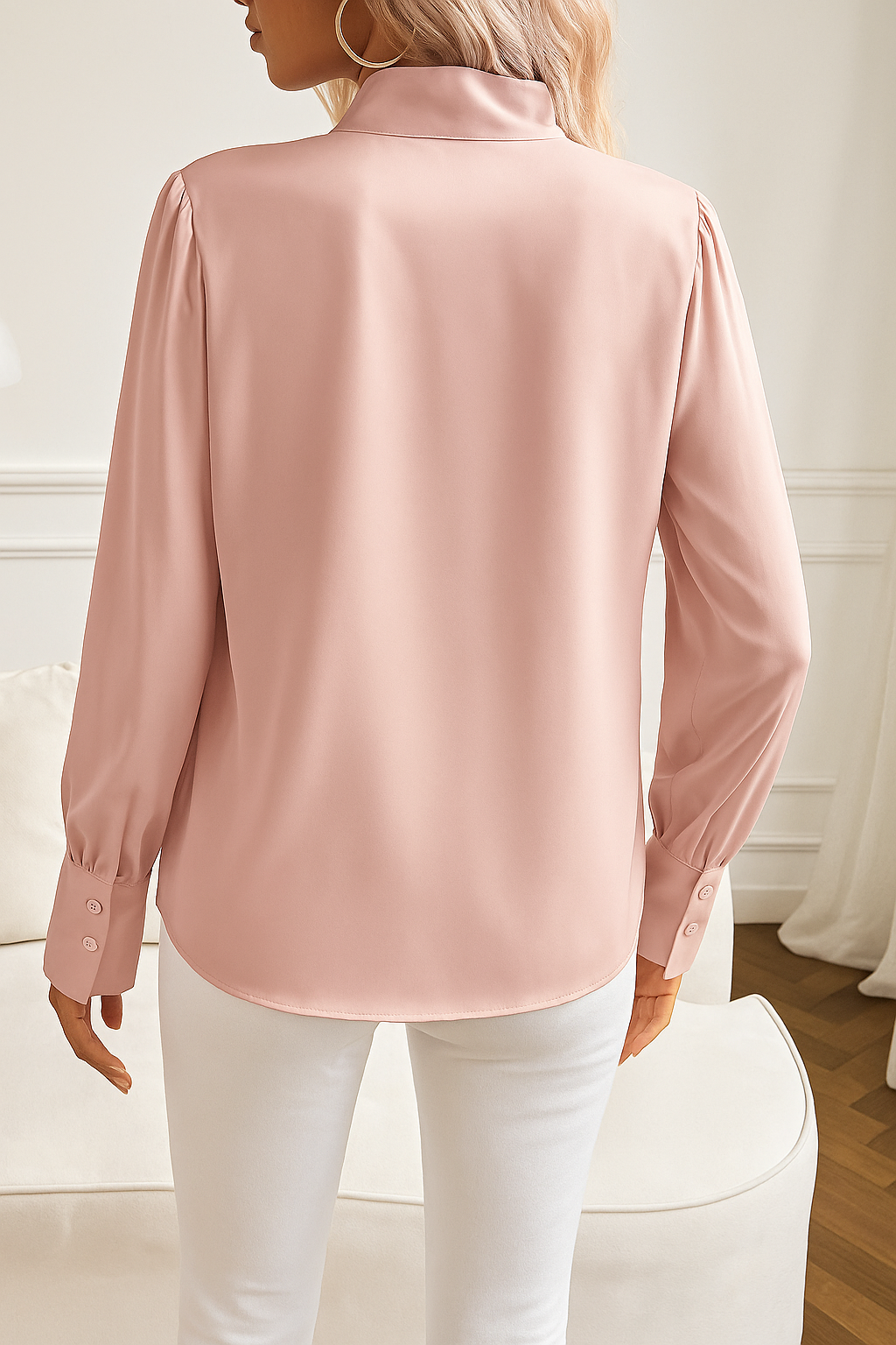 Da Donna Blusa in Raso Fiocco al Collo Maniche Statement