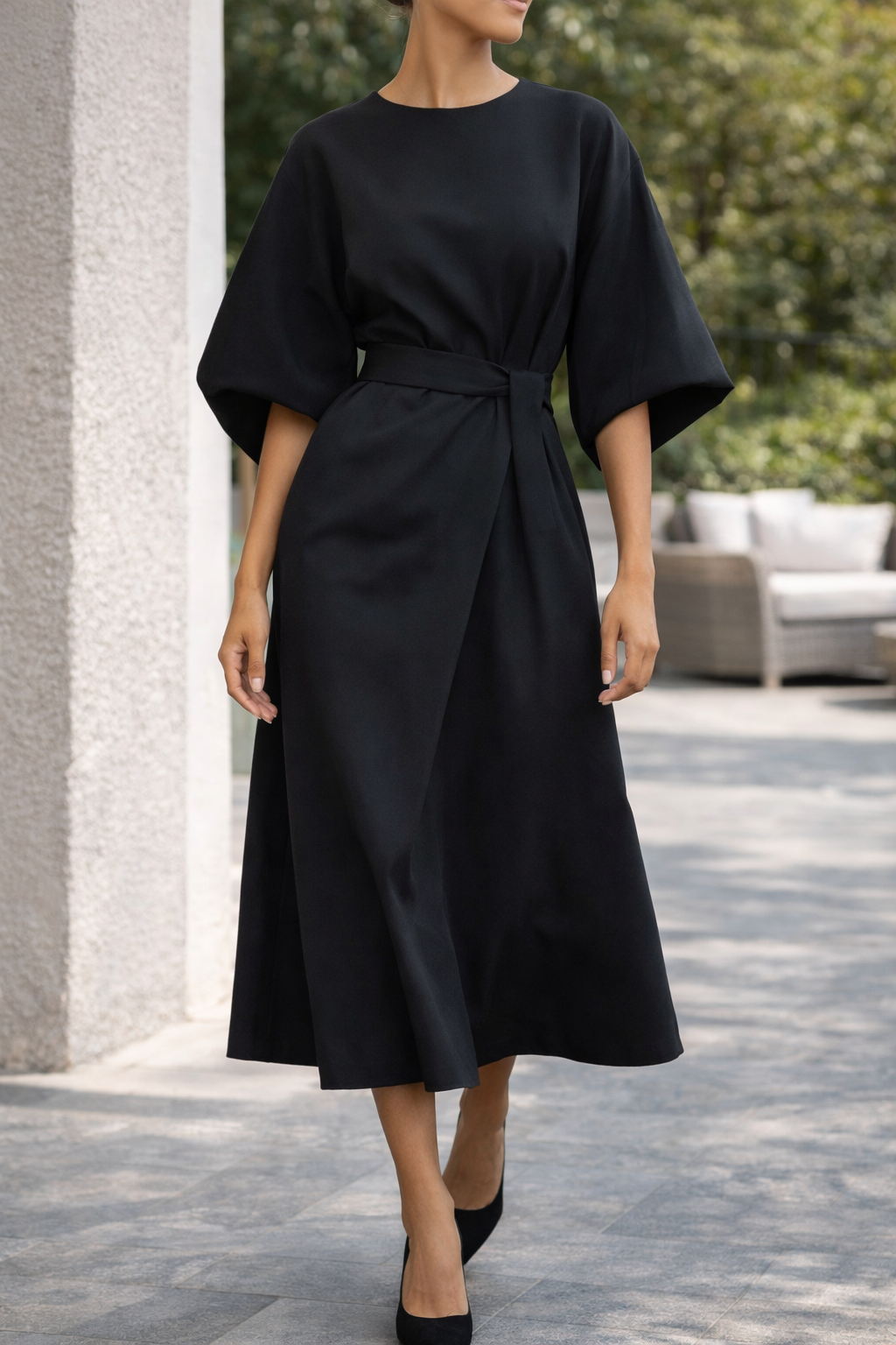 Women's Midi Dress with Belt and Wide Sleeves, Elegant