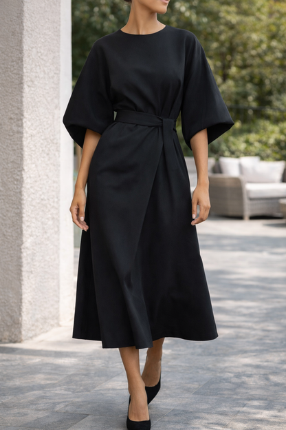 Women's Midi Dress with Belt and Wide Sleeves, Elegant