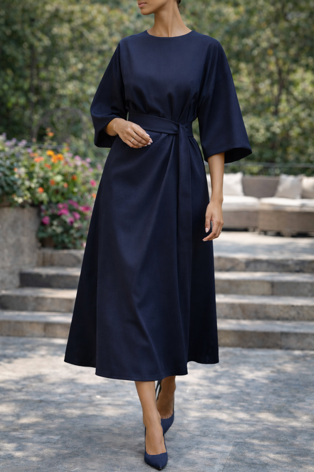 Women's Midi Dress with Belt and Wide Sleeves, Elegant