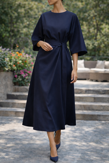 Women's Midi Dress with Belt and Wide Sleeves, Elegant