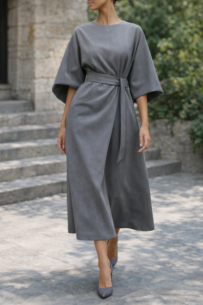 Women's Midi Dress with Belt and Wide Sleeves, Elegant
