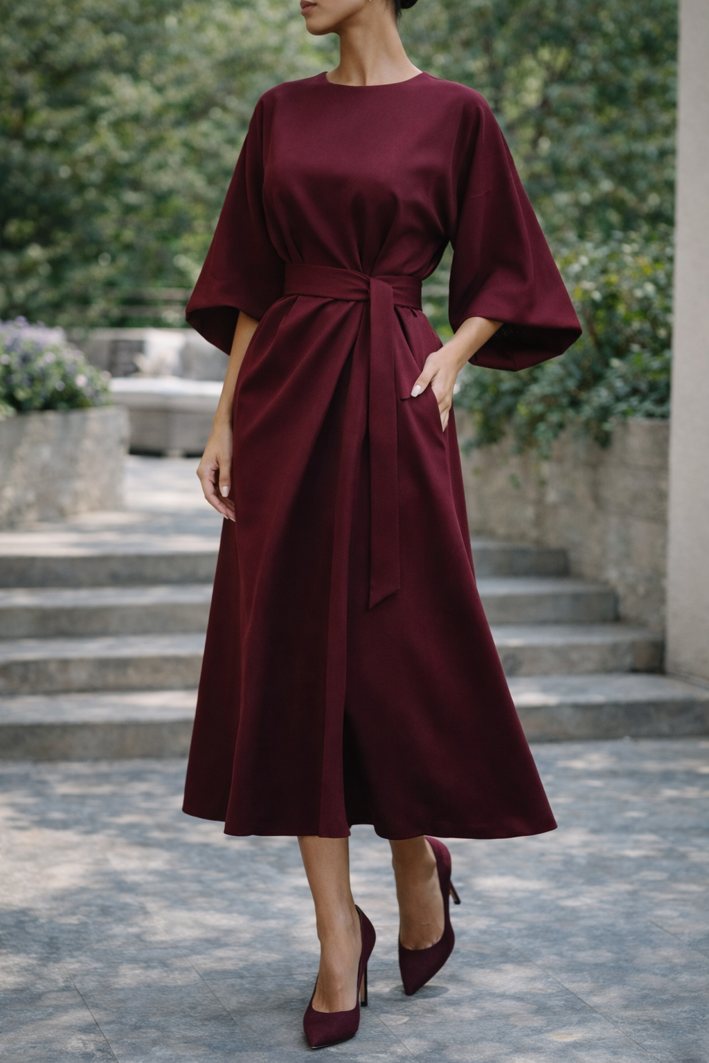 Women's Midi Dress with Belt and Wide Sleeves, Elegant