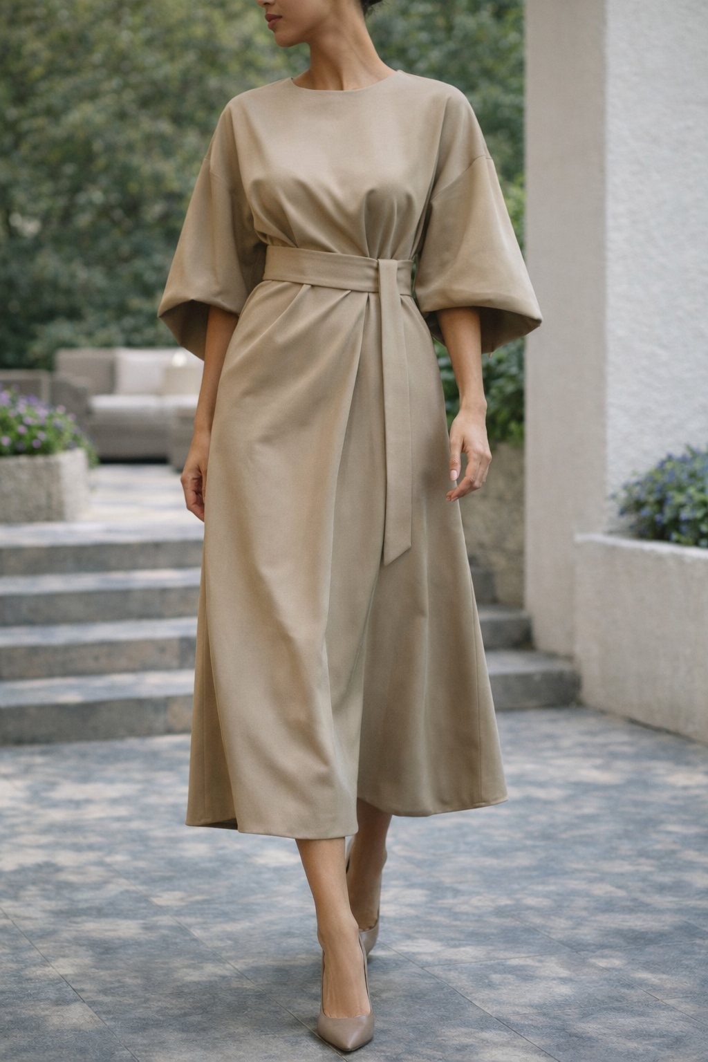 Women's Midi Dress with Belt and Wide Sleeves, Elegant