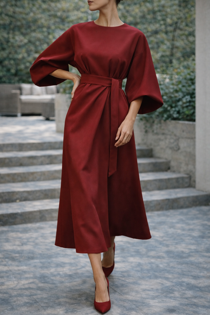 Women's Midi Dress with Belt and Wide Sleeves, Elegant