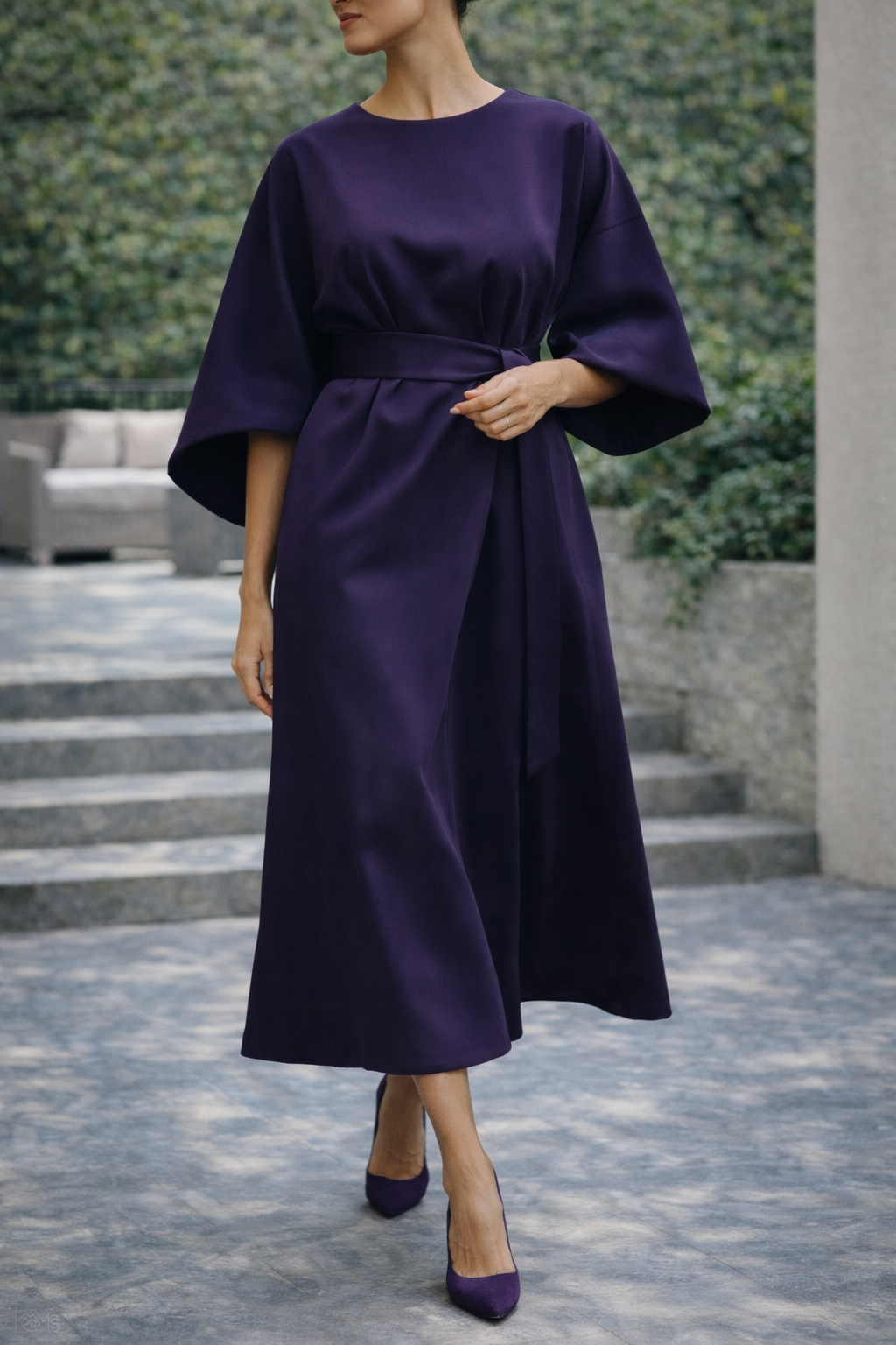 Women's Midi Dress with Belt and Wide Sleeves, Elegant