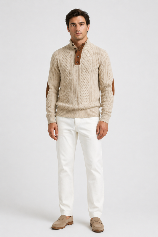 Da Uomo Maglione Trama Intrecciata Collo Alto Bottoni Elegante