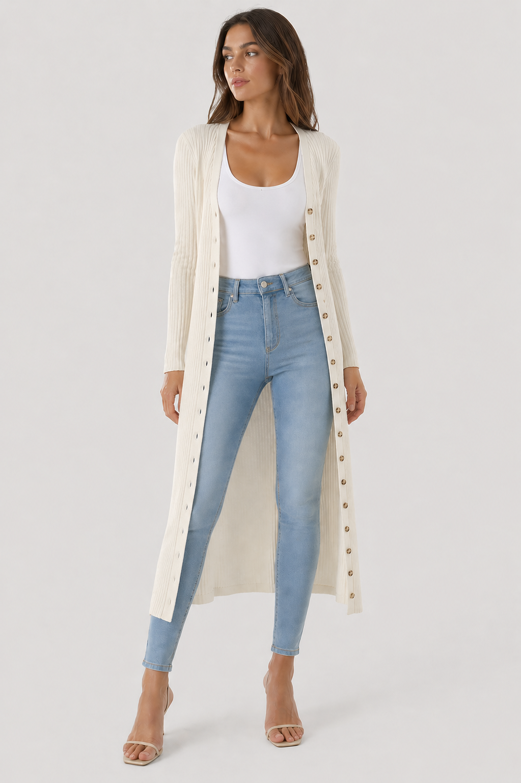 Da Donna Cardigan Lungo Costine Strutturato Chiusura Bottoni