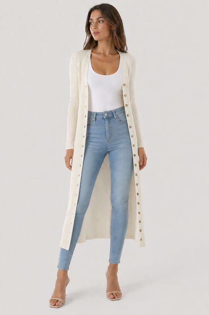 Da Donna Cardigan Lungo Costine Strutturato Chiusura Bottoni