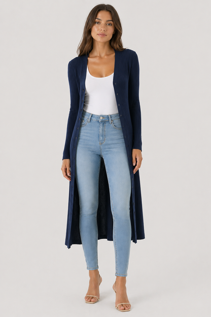 Da Donna Cardigan Lungo Costine Strutturato Chiusura Bottoni